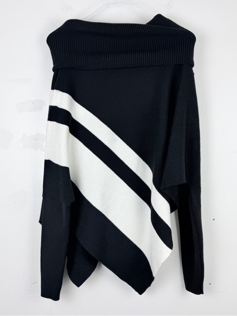 NWT White House Black Market Black White Stripe Zip Neck Poncho Sweater capsule - Picture 2 of 6